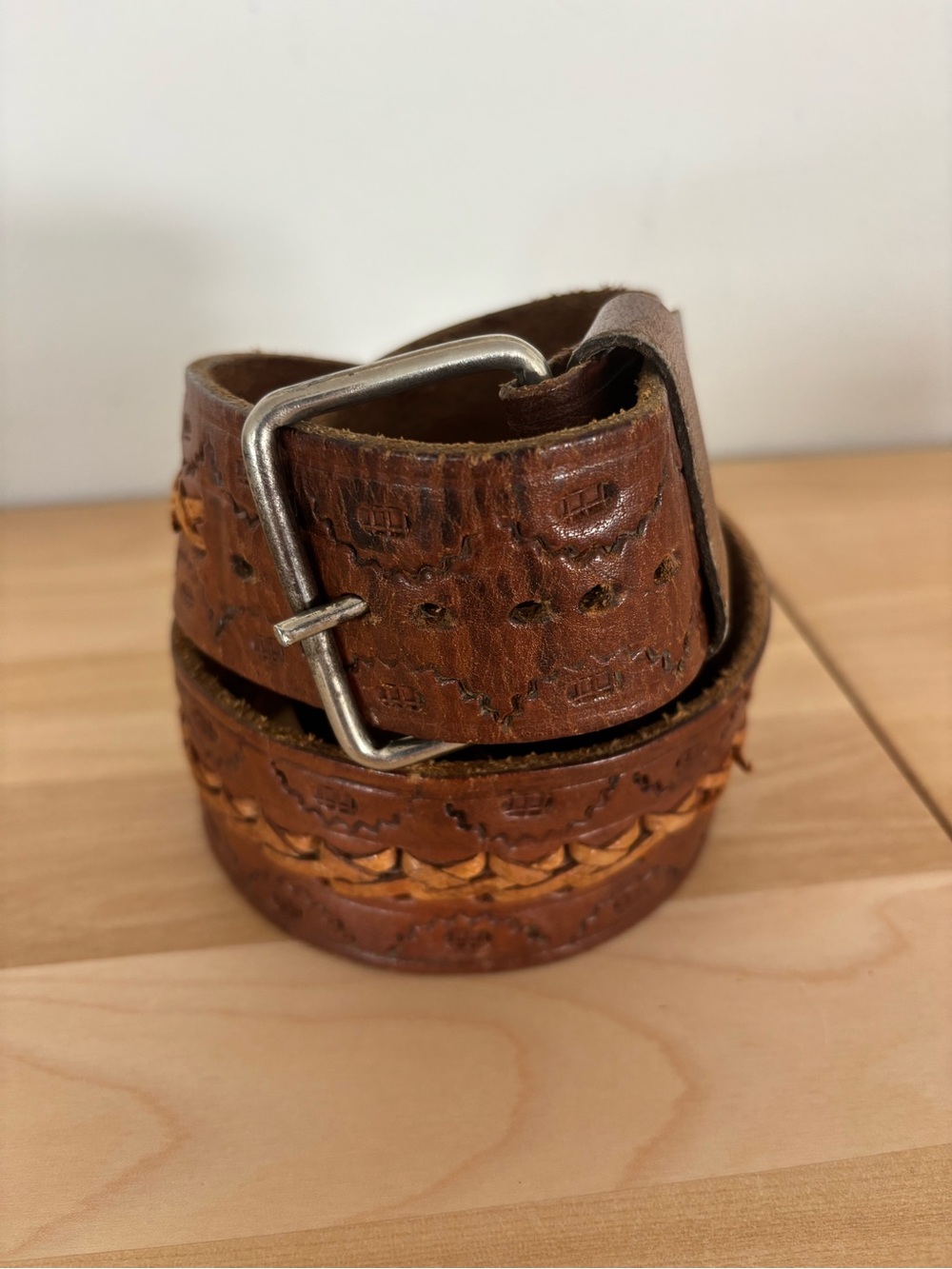 Men's Braided Accent Leather Belt in Brown